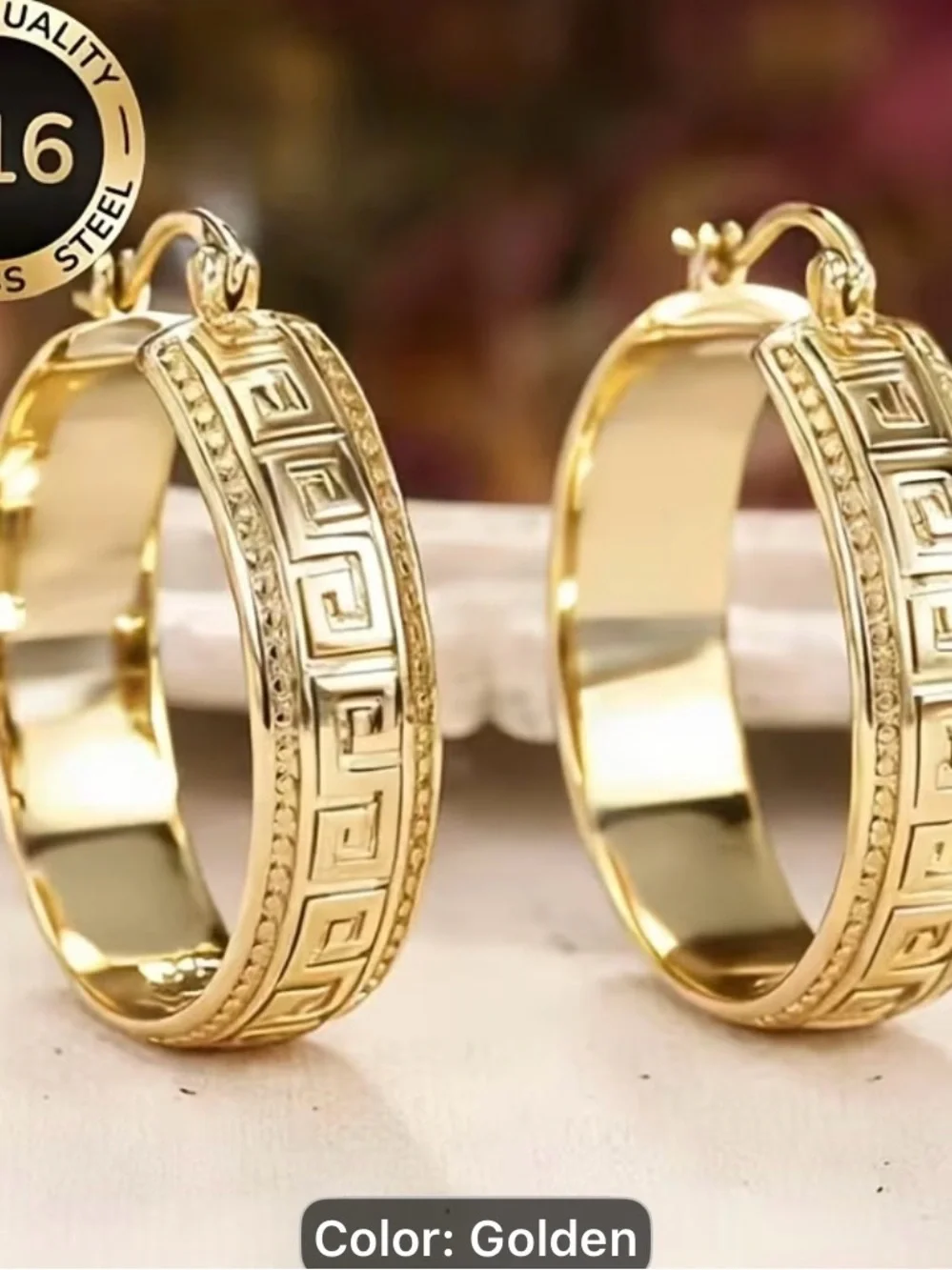 316 stainless steel Golden Greek Key Hoop Earrings - Women Jewelry
